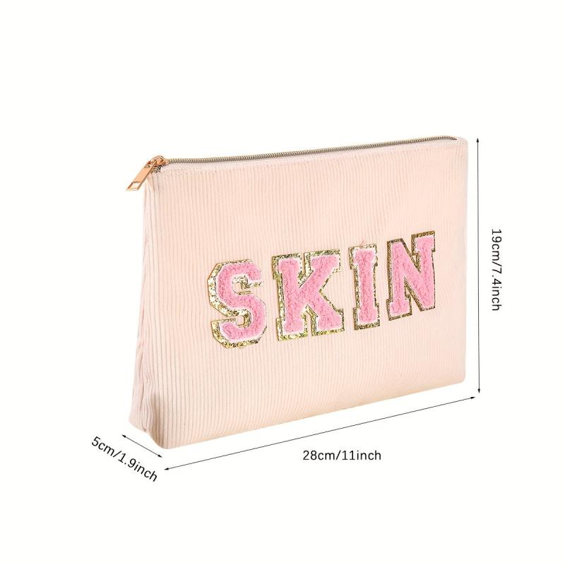 Chenille Letter Patches Makeup Toiletry Pouch Corduroy Cosmetic Bag 1pc