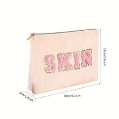 Chenille Letter Patches Makeup Toiletry Pouch Corduroy Cosmetic Bag 1pc