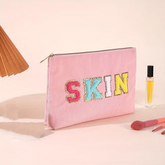 Chenille Letter Patches Makeup Toiletry Pouch Corduroy Cosmetic Bag 1pc