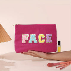 Chenille Letter Patches Makeup Toiletry Pouch Corduroy Cosmetic Bag 1pc
