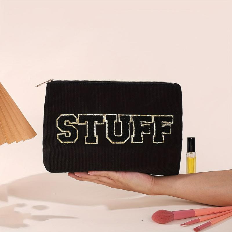 Chenille Letter Patches Makeup Toiletry Pouch Corduroy Cosmetic Bag 1pc