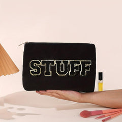 Chenille Letter Patches Makeup Toiletry Pouch Corduroy Cosmetic Bag 1pc