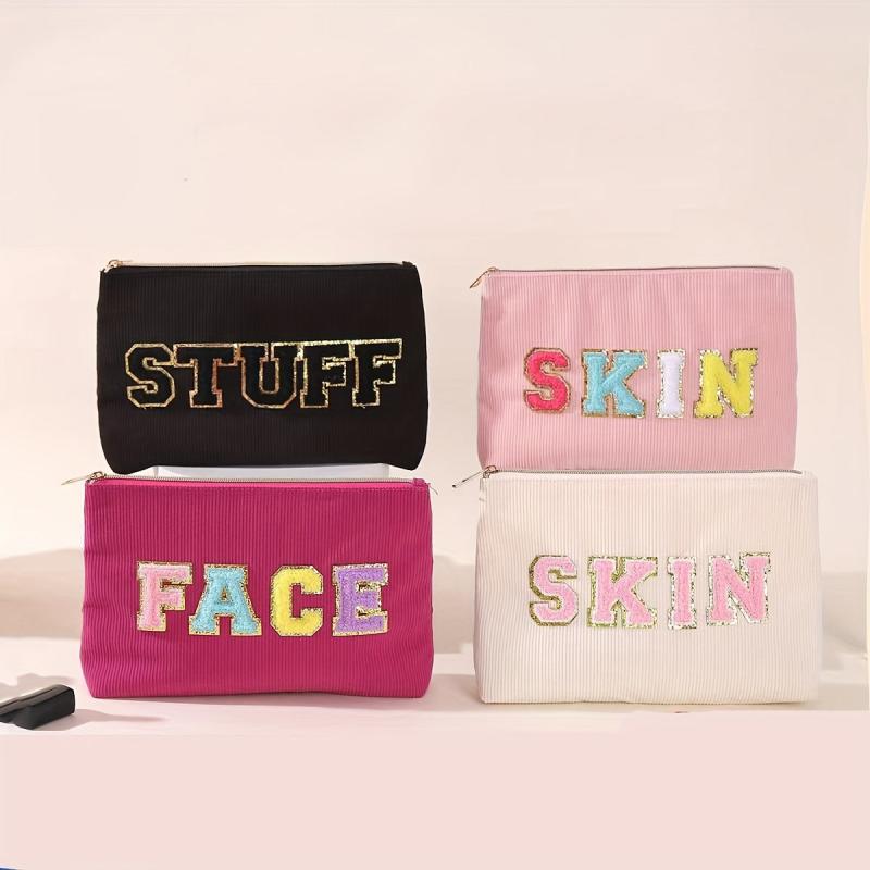 Chenille Letter Patches Makeup Toiletry Pouch Corduroy Cosmetic Bag 1pc