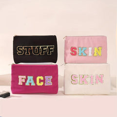 Chenille Letter Patches Makeup Toiletry Pouch Corduroy Cosmetic Bag 1pc