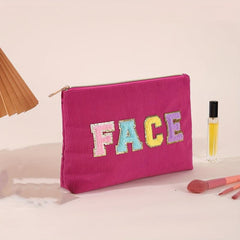 Chenille Letter Patches Makeup Toiletry Pouch Corduroy Cosmetic Bag 1pc