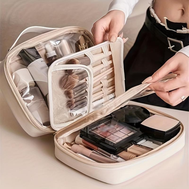 Travel Makeup Bag Double Layer PU Leather Clear Cosmetic Toiletry Organizer