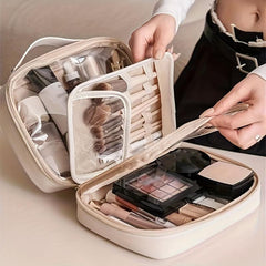 Travel Makeup Bag Double Layer PU Leather Clear Cosmetic Toiletry Organizer