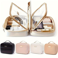 Travel Makeup Bag Double Layer PU Leather Clear Cosmetic Toiletry Organizer