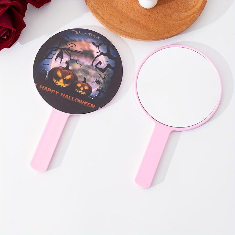 Pumpkin & Bat Pattern Hand Mirror Small Round Vanity Mirror