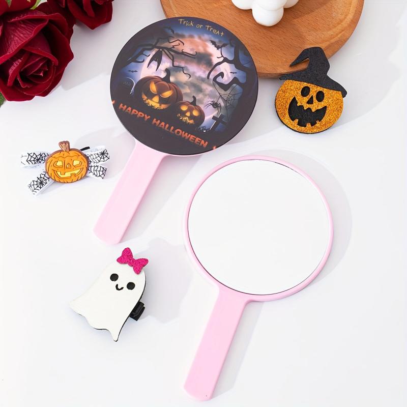 Pumpkin & Bat Pattern Hand Mirror Small Round Vanity Mirror
