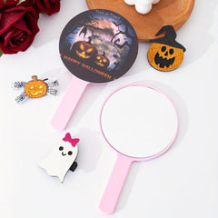 Pumpkin & Bat Pattern Hand Mirror Small Round Vanity Mirror
