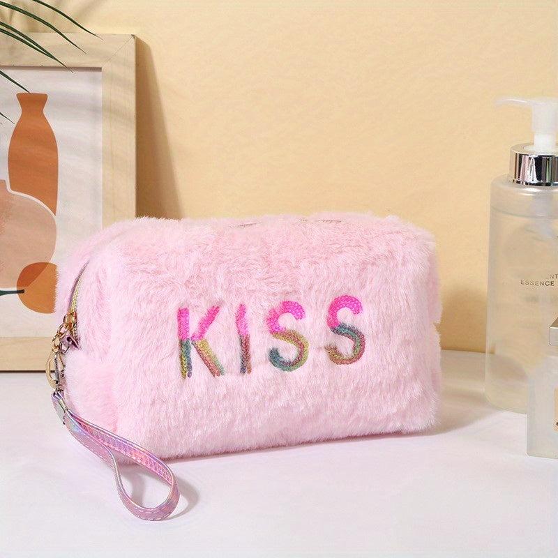Preppy Plush Makeup Bag With Sequin Letter Soft Zipper Pouch Cosmetic Bag
