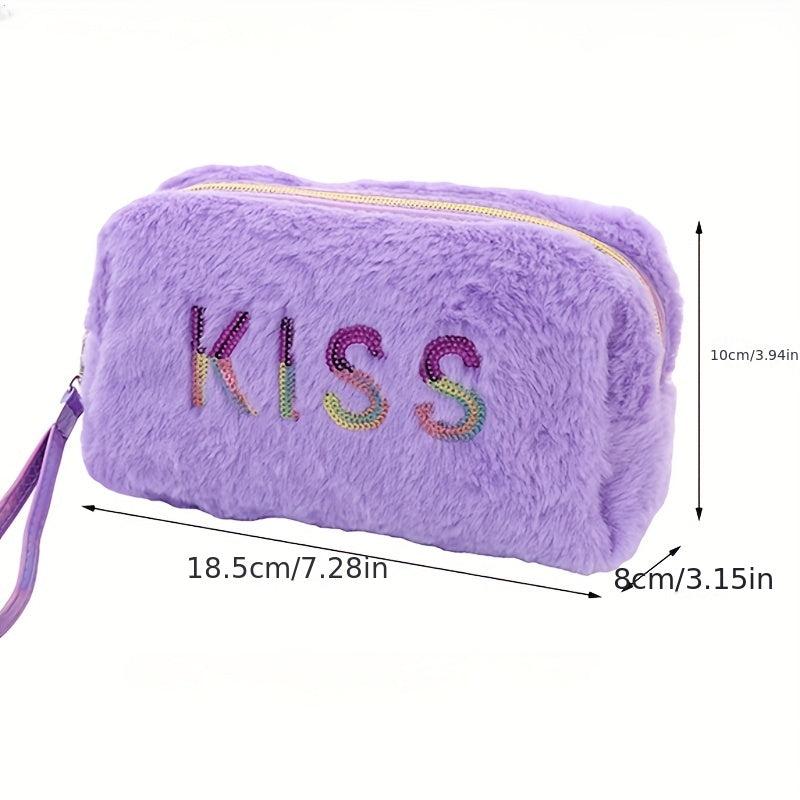 Preppy Plush Makeup Bag With Sequin Letter Soft Zipper Pouch Cosmetic Bag