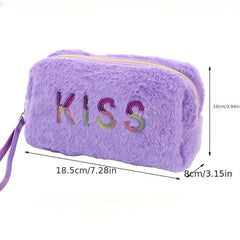 Preppy Plush Makeup Bag With Sequin Letter Soft Zipper Pouch Cosmetic Bag