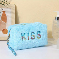 Preppy Plush Makeup Bag With Sequin Letter Soft Zipper Pouch Cosmetic Bag
