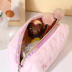 Preppy Plush Makeup Bag With Sequin Letter Soft Zipper Pouch Cosmetic Bag