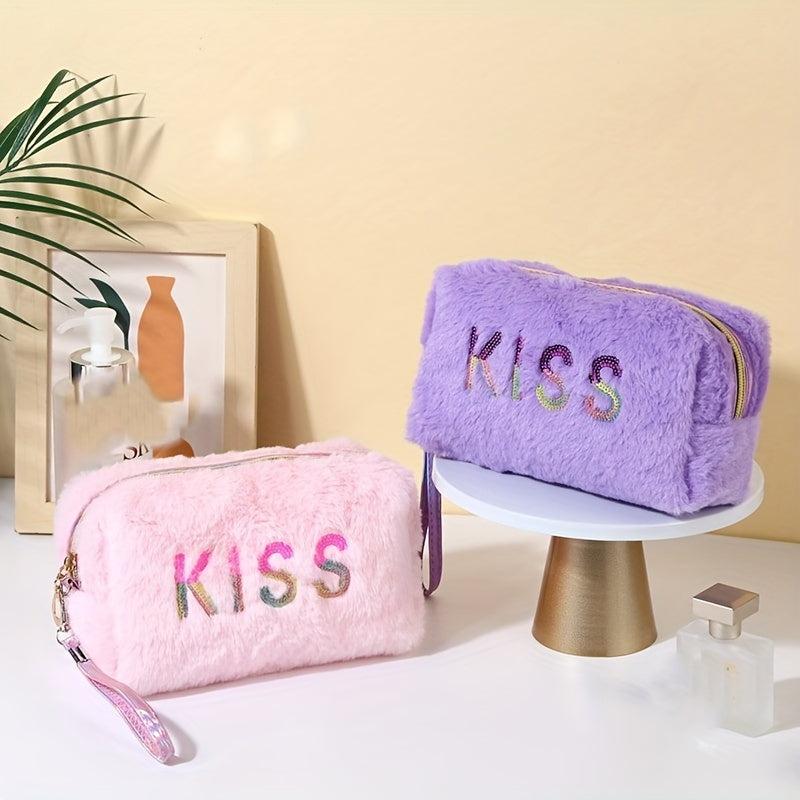 Preppy Plush Makeup Bag With Sequin Letter Soft Zipper Pouch Cosmetic Bag