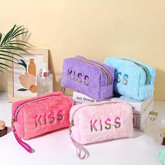 Preppy Plush Makeup Bag With Sequin Letter Soft Zipper Pouch Cosmetic Bag
