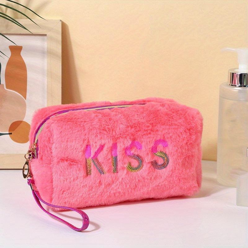 Preppy Plush Makeup Bag With Sequin Letter Soft Zipper Pouch Cosmetic Bag