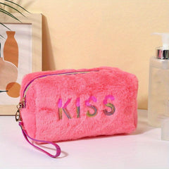 Preppy Plush Makeup Bag With Sequin Letter Soft Zipper Pouch Cosmetic Bag