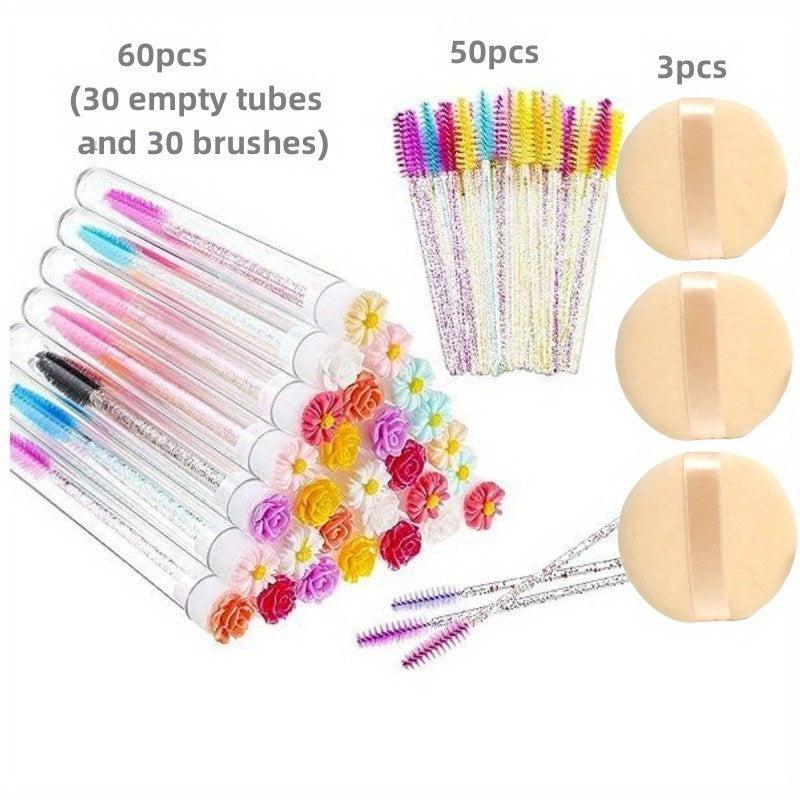 113pcs Eyelash Wand Set: 80 Mascara Wands, 30 Reusable Tubes, 3 Makeup Sponges