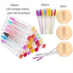 113pcs Eyelash Wand Set: 80 Mascara Wands, 30 Reusable Tubes, 3 Makeup Sponges