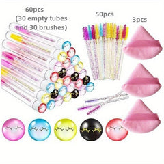 113pcs Eyelash Wand Set: 80 Mascara Wands, 30 Reusable Tubes, 3 Makeup Sponges