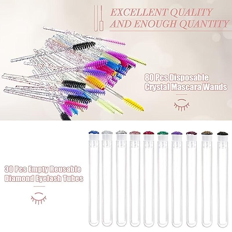 113pcs Eyelash Wand Set: 80 Mascara Wands, 30 Reusable Tubes, 3 Makeup Sponges