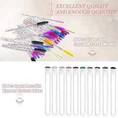 113pcs Eyelash Wand Set: 80 Mascara Wands, 30 Reusable Tubes, 3 Makeup Sponges