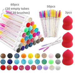 113pcs Eyelash Wand Set: 80 Mascara Wands, 30 Reusable Tubes, 3 Makeup Sponges