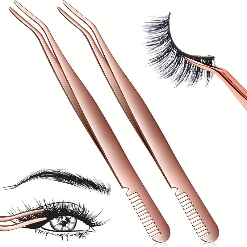 Eyelash Applicator Tool 2 in 1 Curved Lash Tweezers with Comb