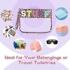 Leopard Print Chenille Letter Clear Travel Pouch