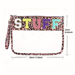 Leopard Print Chenille Letter Clear Travel Pouch