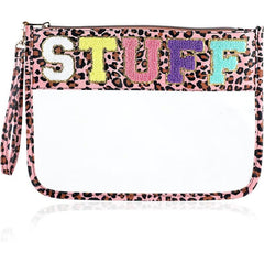 Leopard Print Chenille Letter Clear Travel Pouch