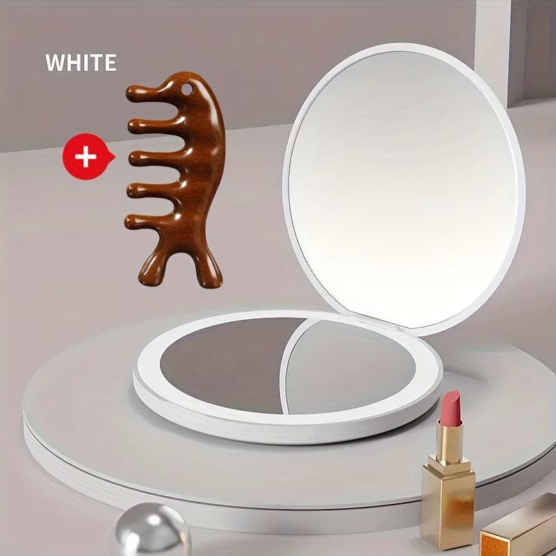 LED Makeup Mirror & Massage Comb Kit Double Side Folding Compact Mirror