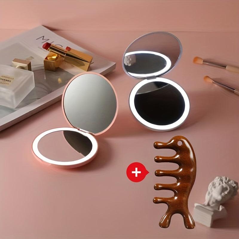 LED Makeup Mirror & Massage Comb Kit Double Side Folding Compact Mirror