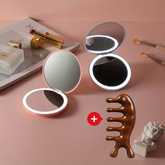 LED Makeup Mirror & Massage Comb Kit Double Side Folding Compact Mirror