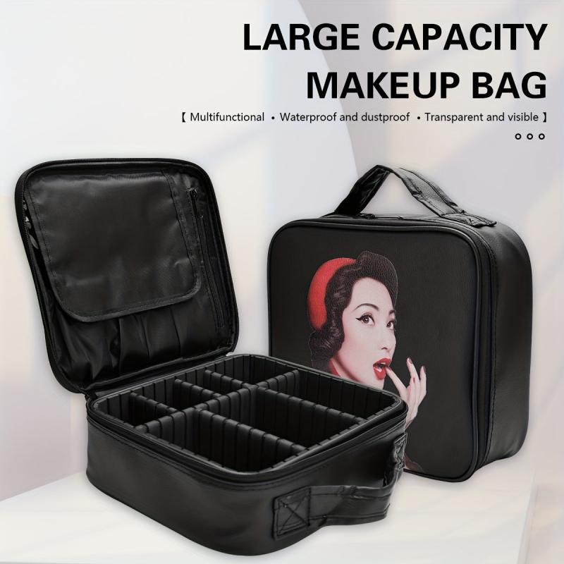 Vintage Style Waterproof Makeup Bag with Dividers & Brush Holder