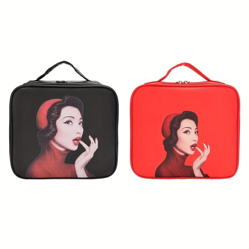 Vintage Style Waterproof Makeup Bag with Dividers & Brush Holder