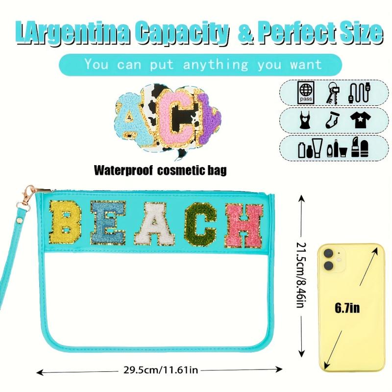 2pcs Chenille Letter Clear Makeup Pouch PVC Waterproof Travel Cosmetic Bag