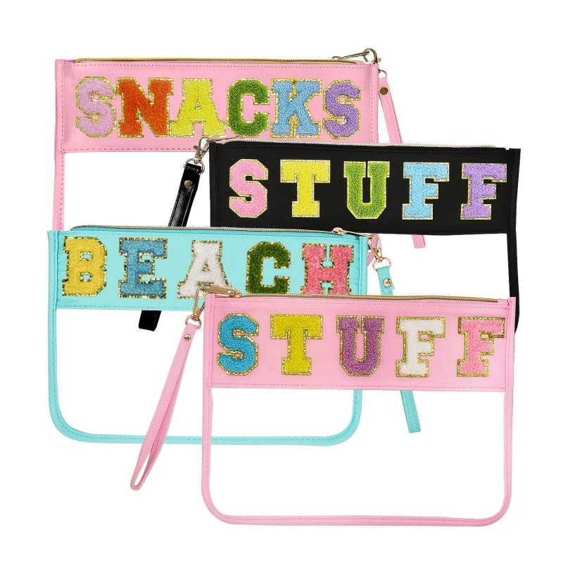 2pcs Chenille Letter Clear Makeup Pouch PVC Waterproof Travel Cosmetic Bag