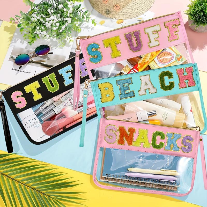2pcs Chenille Letter Clear Makeup Pouch PVC Waterproof Travel Cosmetic Bag
