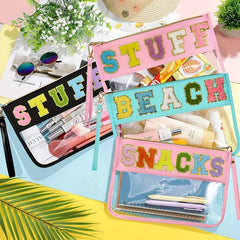 2pcs Chenille Letter Clear Makeup Pouch PVC Waterproof Travel Cosmetic Bag