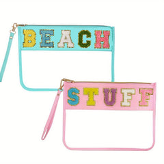 2pcs Chenille Letter Clear Makeup Pouch PVC Waterproof Travel Cosmetic Bag