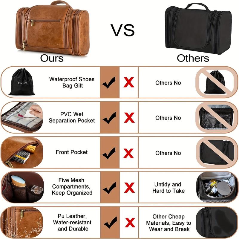 Travel Toiletry Bag Hanging Makeup Bag PU Leather Waterproof Storage Brown