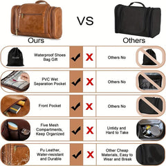 Travel Toiletry Bag Hanging Makeup Bag PU Leather Waterproof Storage Brown