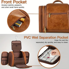 Travel Toiletry Bag Hanging Makeup Bag PU Leather Waterproof Storage Brown