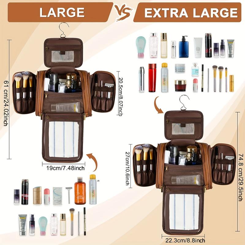 Travel Toiletry Bag Hanging Makeup Bag PU Leather Waterproof Storage Brown