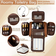 Travel Toiletry Bag Hanging Makeup Bag PU Leather Waterproof Storage Brown