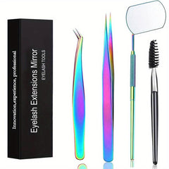 4PCS False Eyelash Extension Clip Pliers Set with Mirror Eyebrow Tweezers